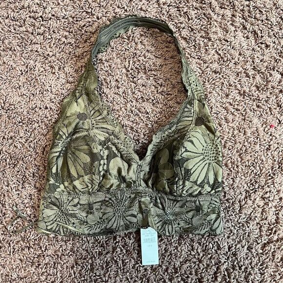 Aerie Women's Floral Lace Halter Bralette Green Size S Unpadded Stretch Fit‎ NWT - Picture 1 of 6